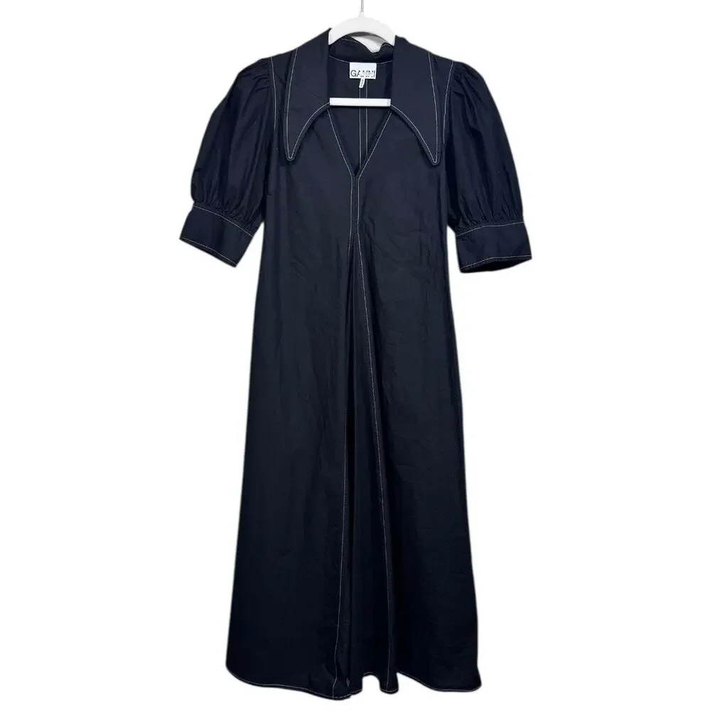GANNI Black Pleated Cotton-Poplin Midi Dress - Size EU36 - Picture 1 of 5